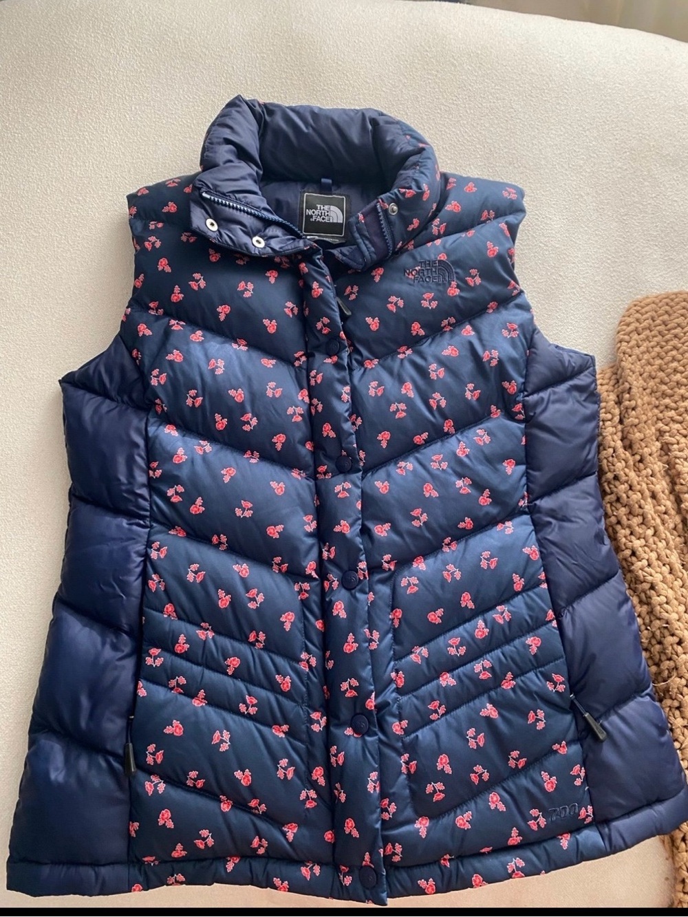 The North Face Navy Pink Floral Quilted Down Vest